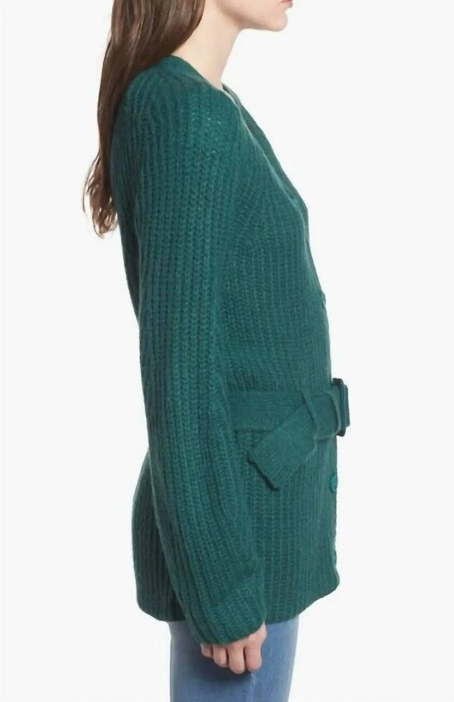 Belted Rib-Knit Ladies Cardigan In Green