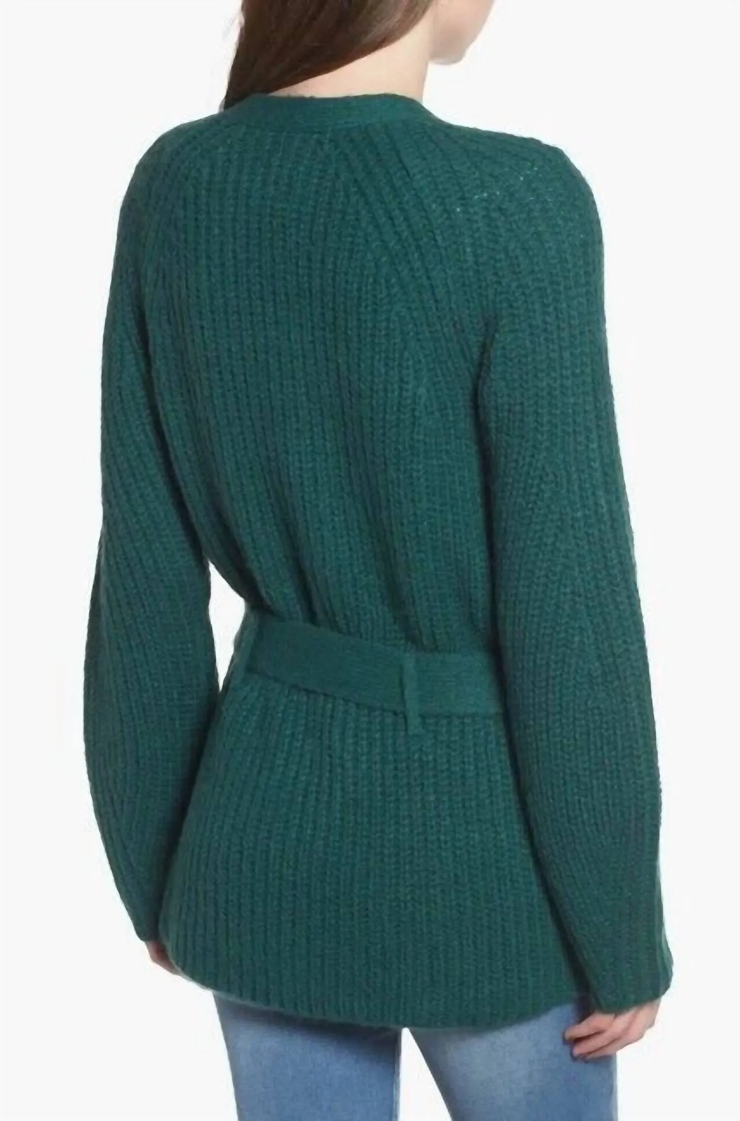 Belted Rib-Knit Ladies Cardigan In Green