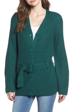 Belted Rib-Knit Ladies Cardigan In Green
