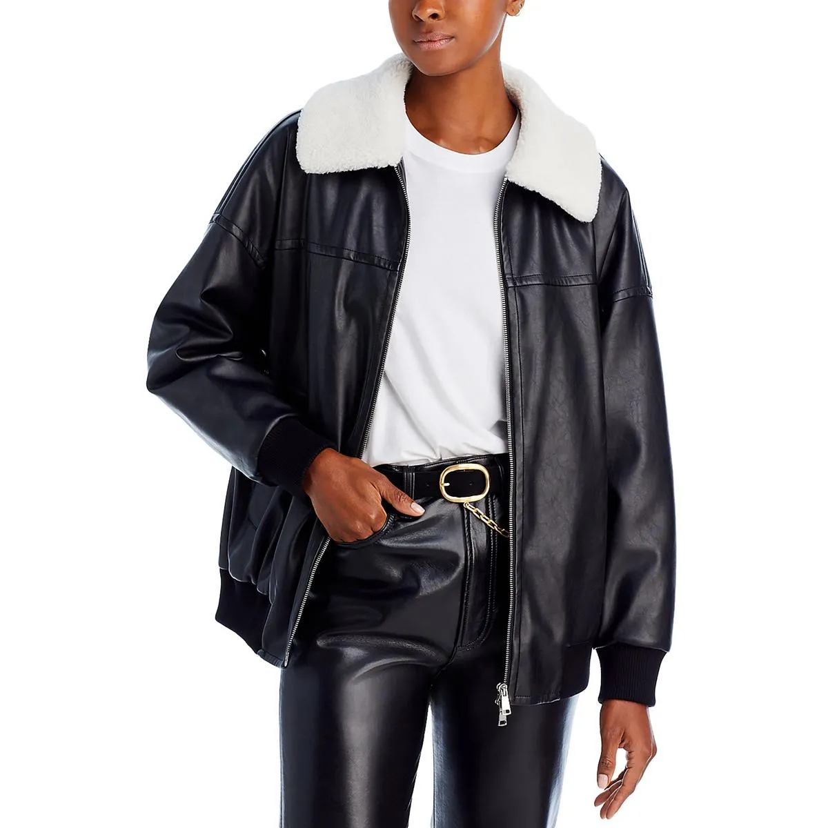 Benson Womens Faux Fur Trim Heavy Bomber Jacket