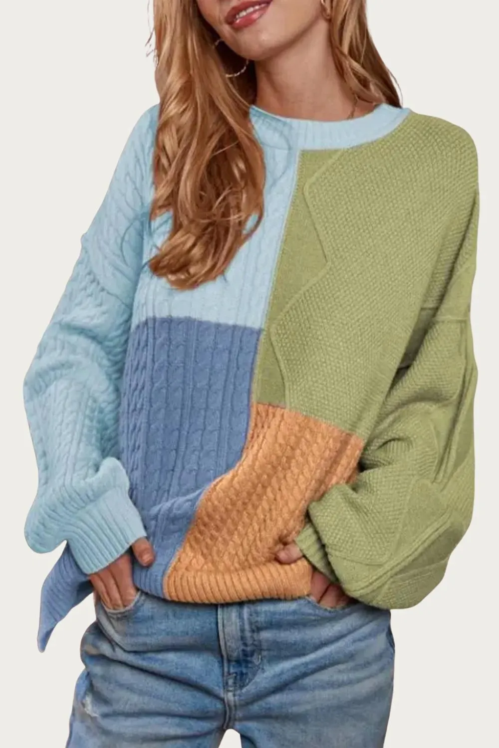 Cable-Knit Colorblock Sweater In Brown/cream