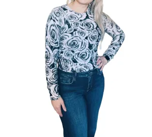 Cashmere Rose Print Crewneck Sweater In Black&white Combo