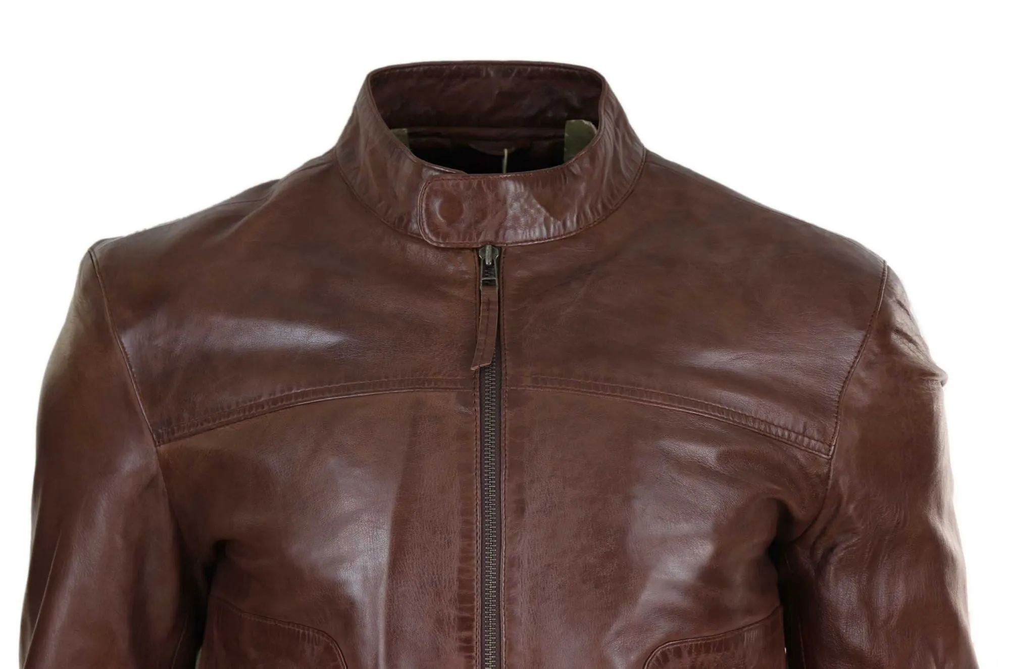 Classic Leather Biker Jacket Collarless