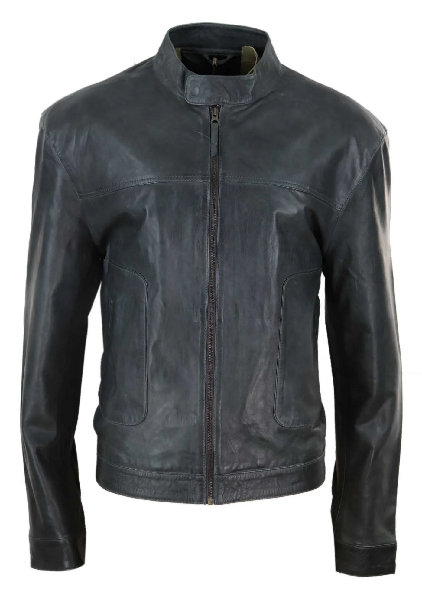 Classic Leather Biker Jacket Collarless