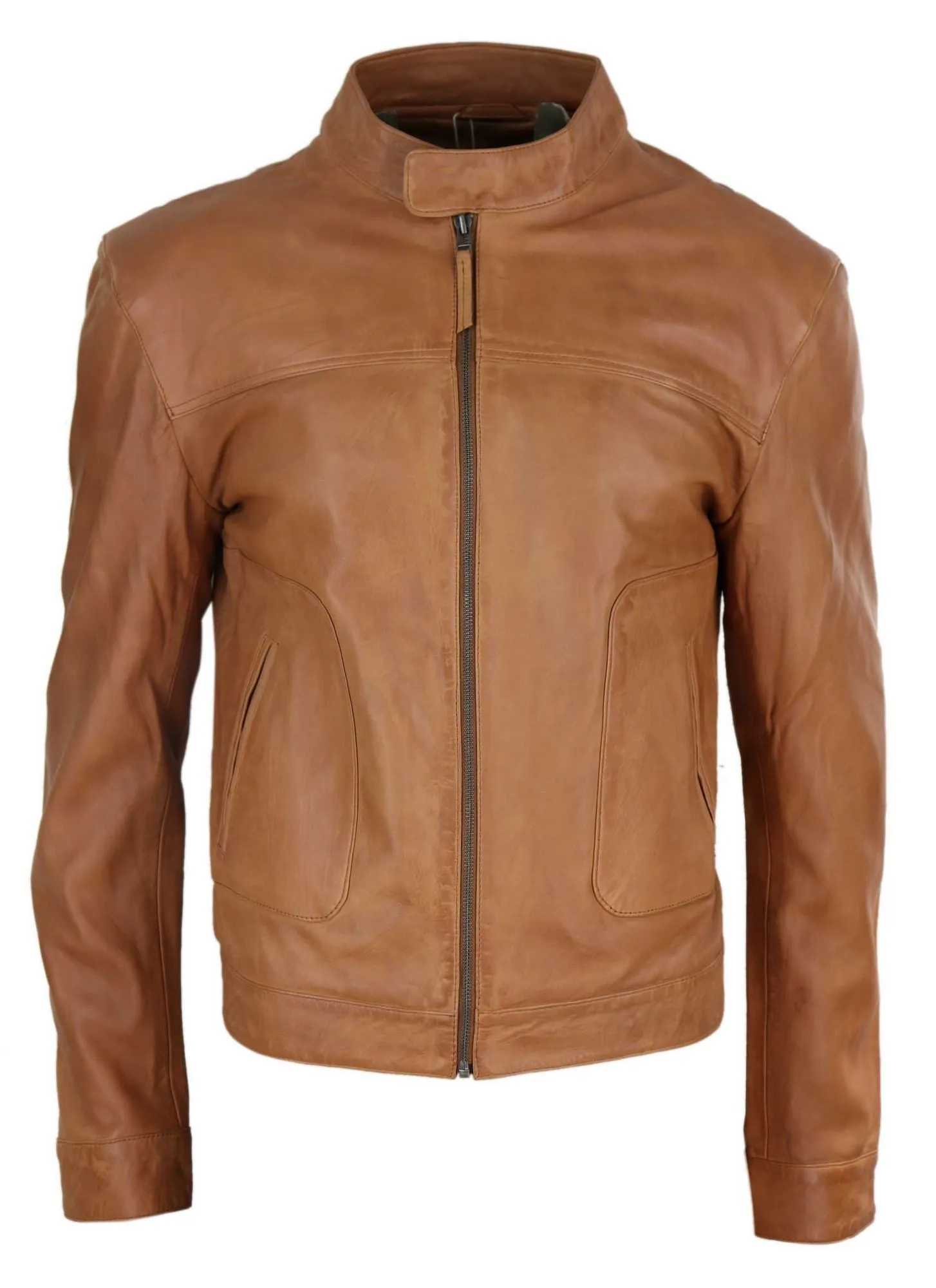 Classic Leather Biker Jacket Collarless