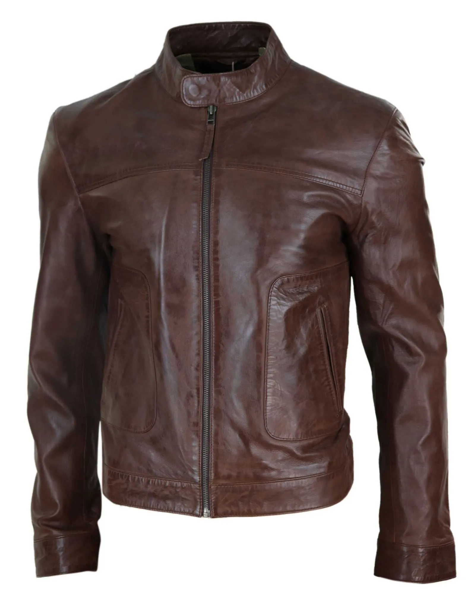 Classic Leather Biker Jacket Collarless