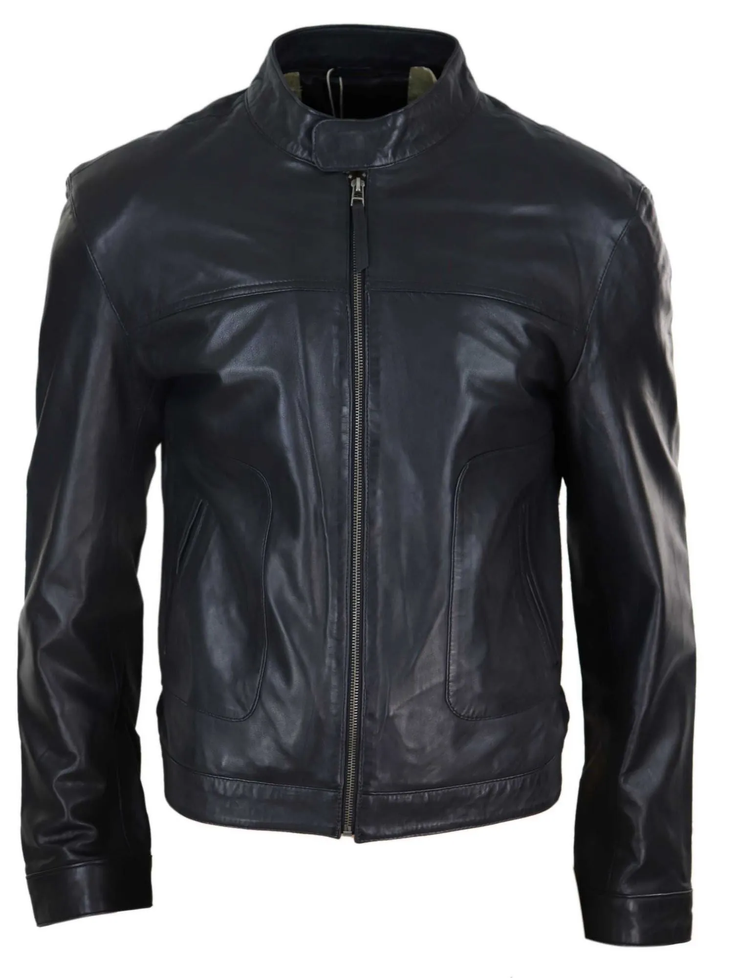 Classic Leather Biker Jacket Collarless