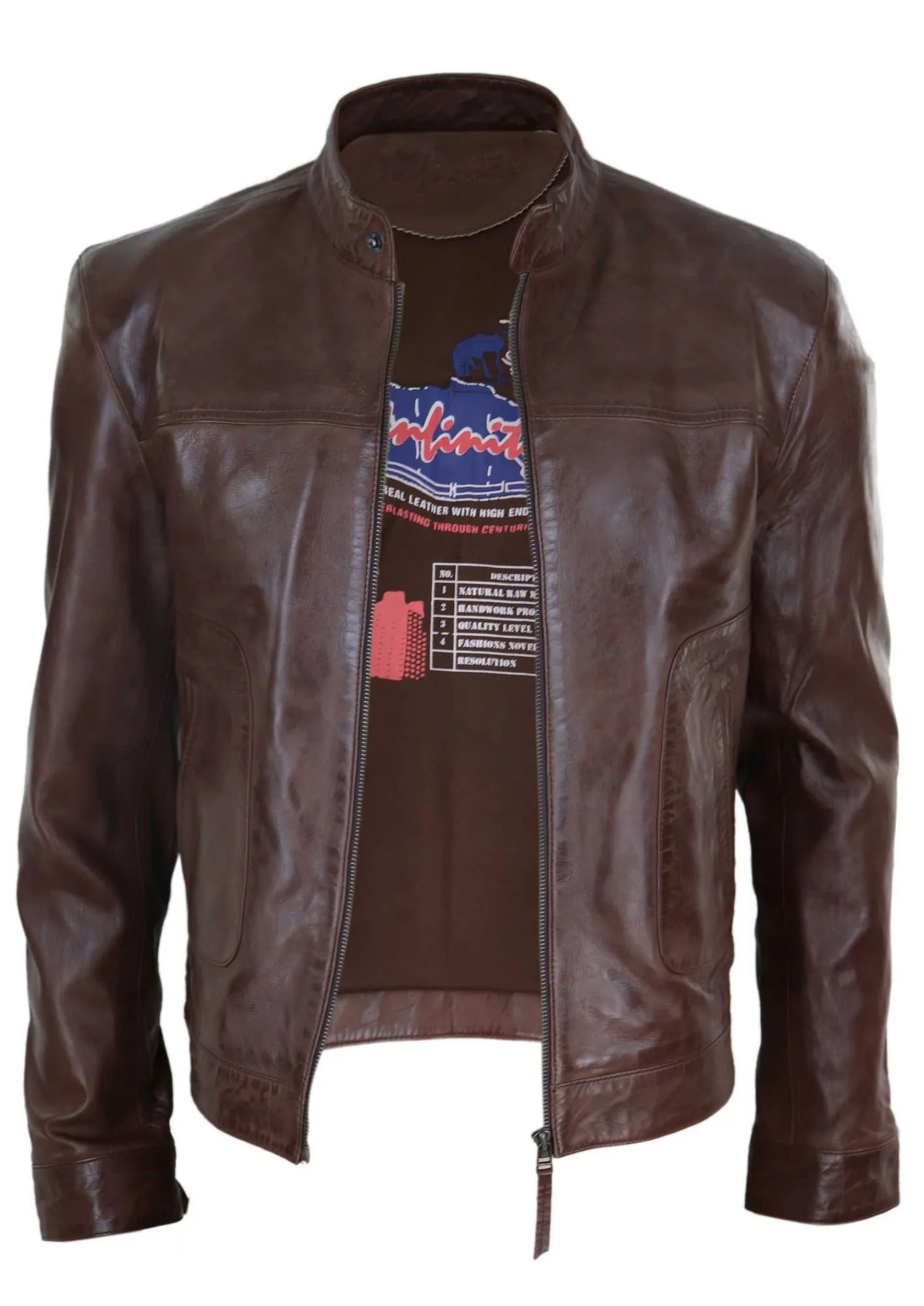 Classic Leather Biker Jacket Collarless