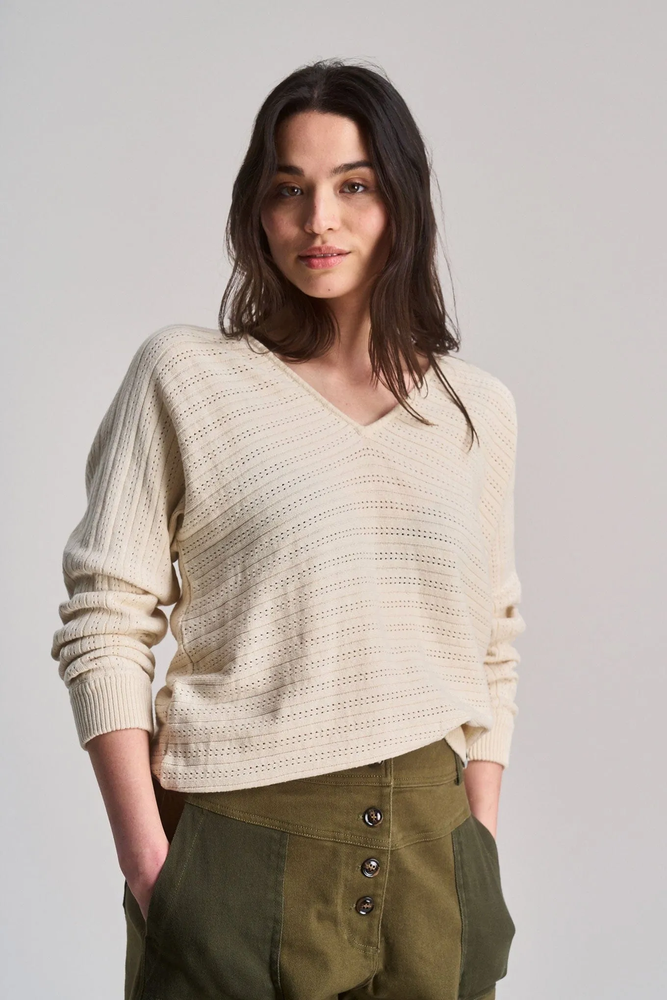 Clover Women's Pointelle Knit Organic Cotton Jumper | Cream