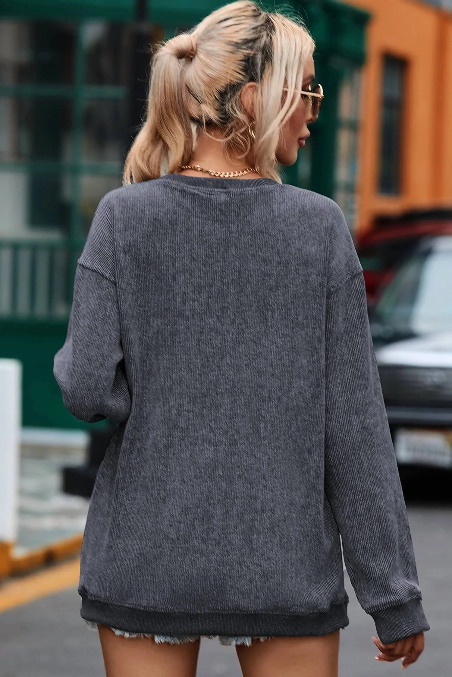 Custom Solid Ribbed Knit Round Neck Pullover Sweatshirt In Gray