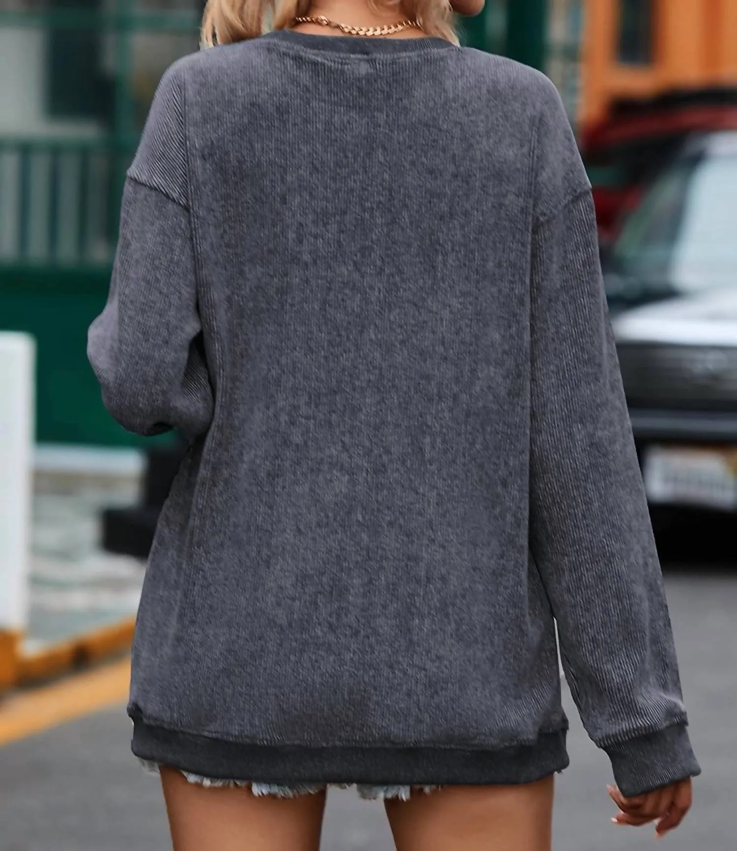 Custom Solid Ribbed Knit Round Neck Pullover Sweatshirt In Gray