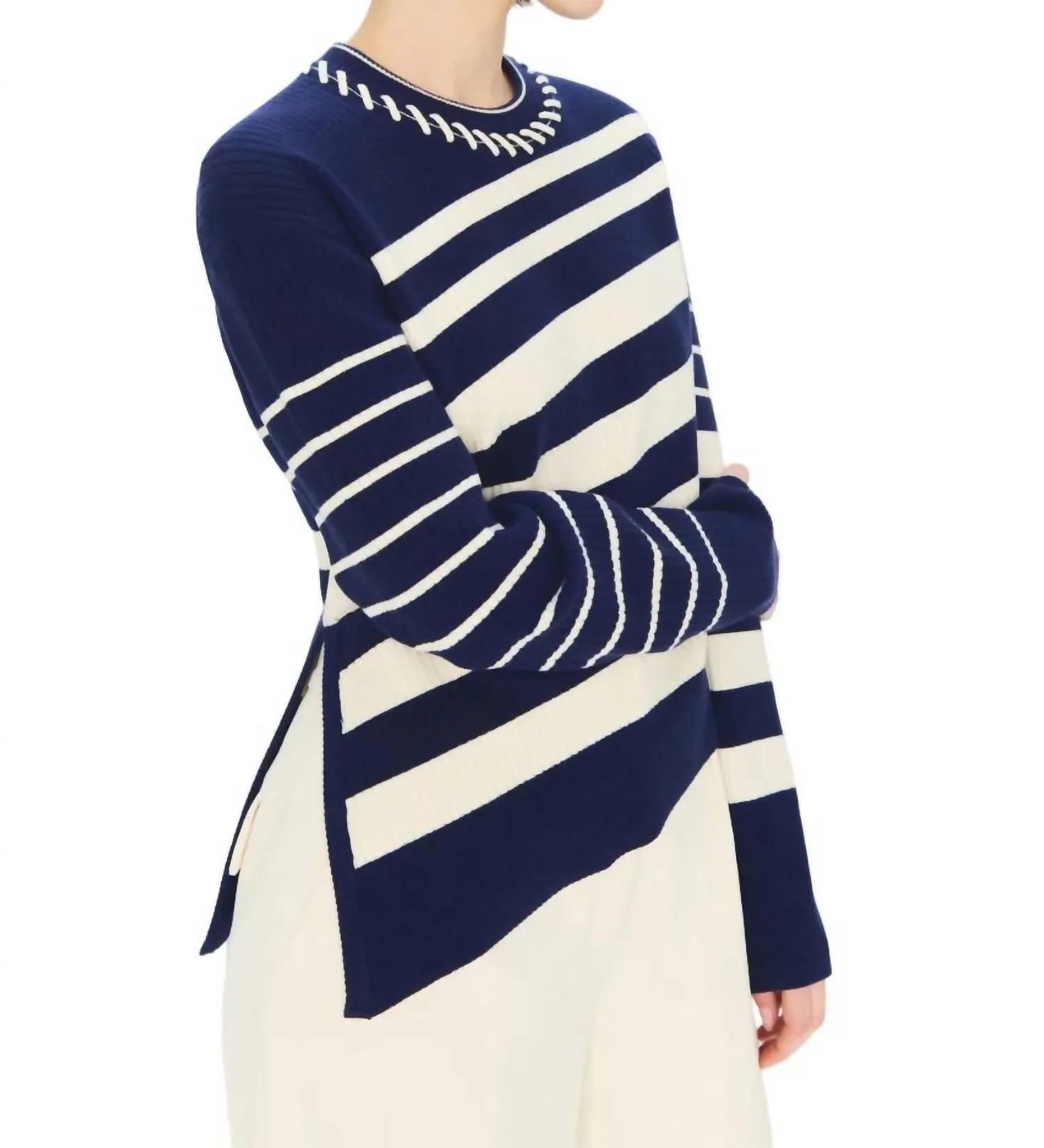 Dale Crewneck Pullover Top In Midnight Stripe