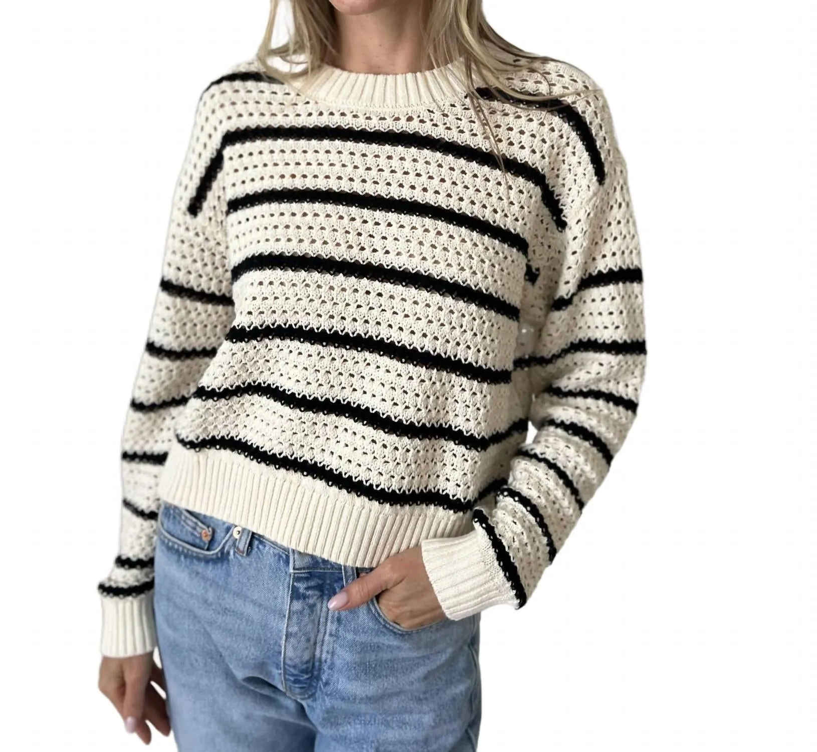 Harbor Crochet Striped Sweater In Ivory/black