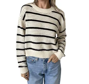 Harbor Crochet Striped Sweater In Ivory/black