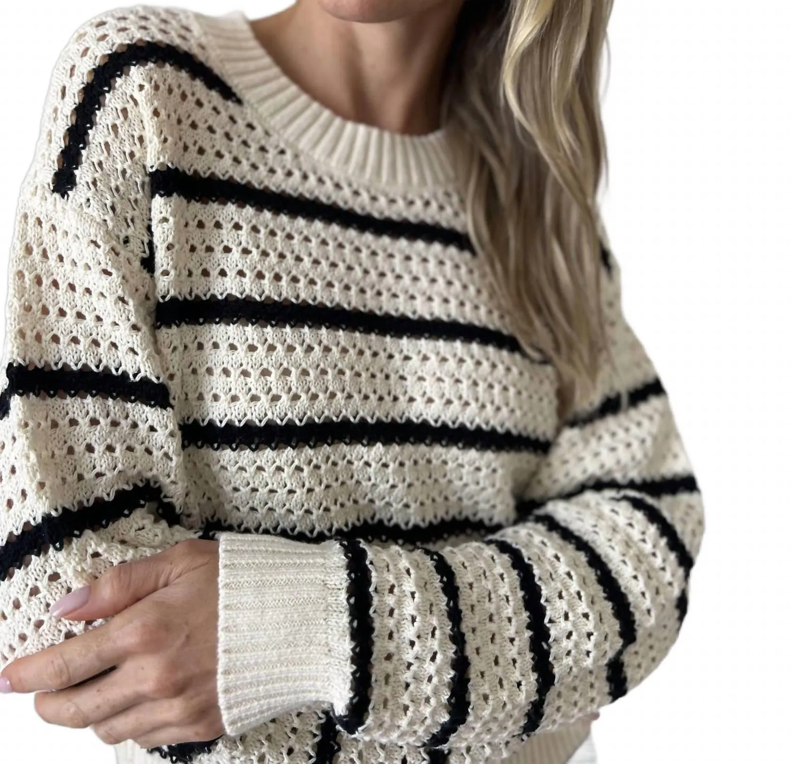 Harbor Crochet Striped Sweater In Ivory/black
