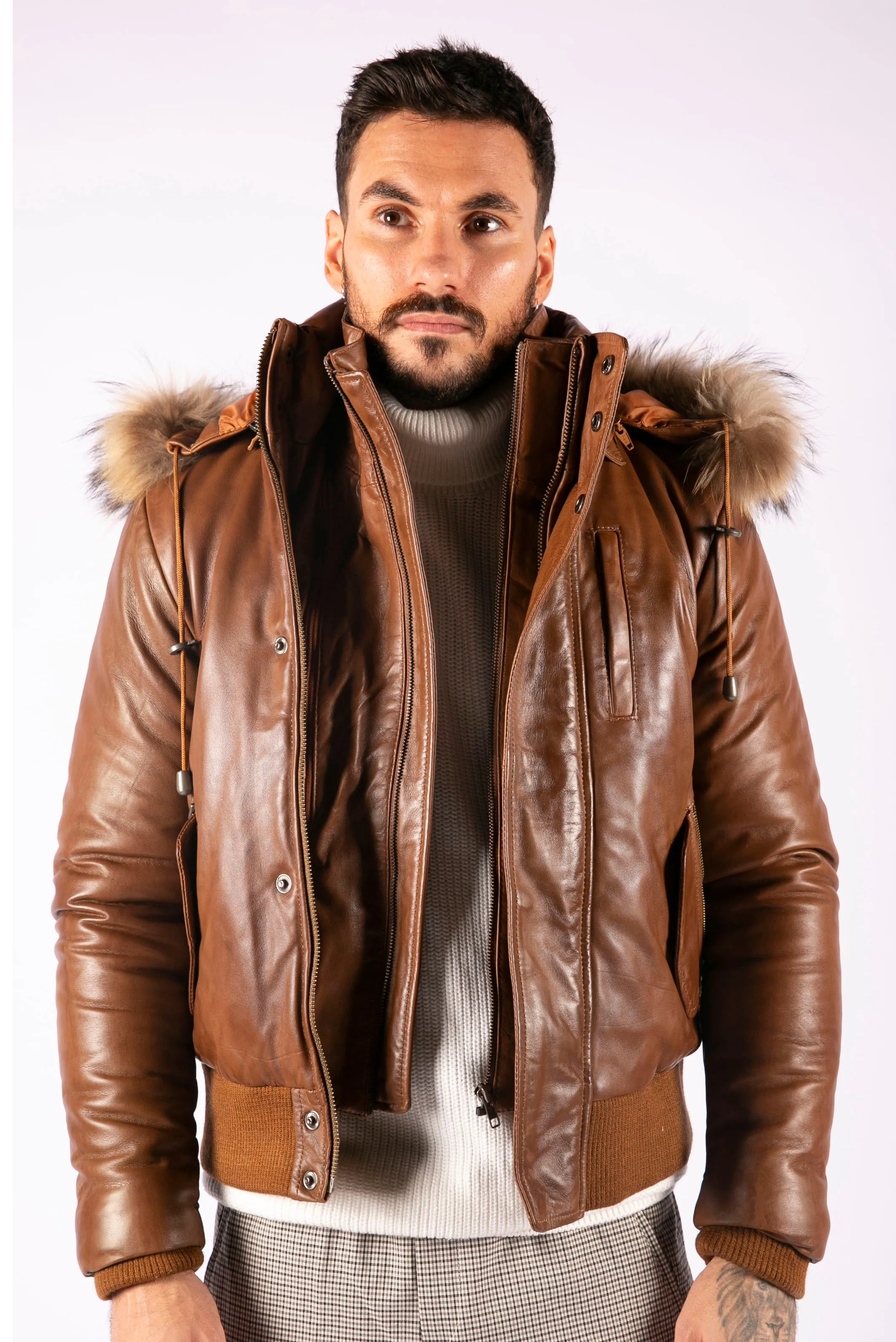 Hooded Bomber Puffer Leather Jacket