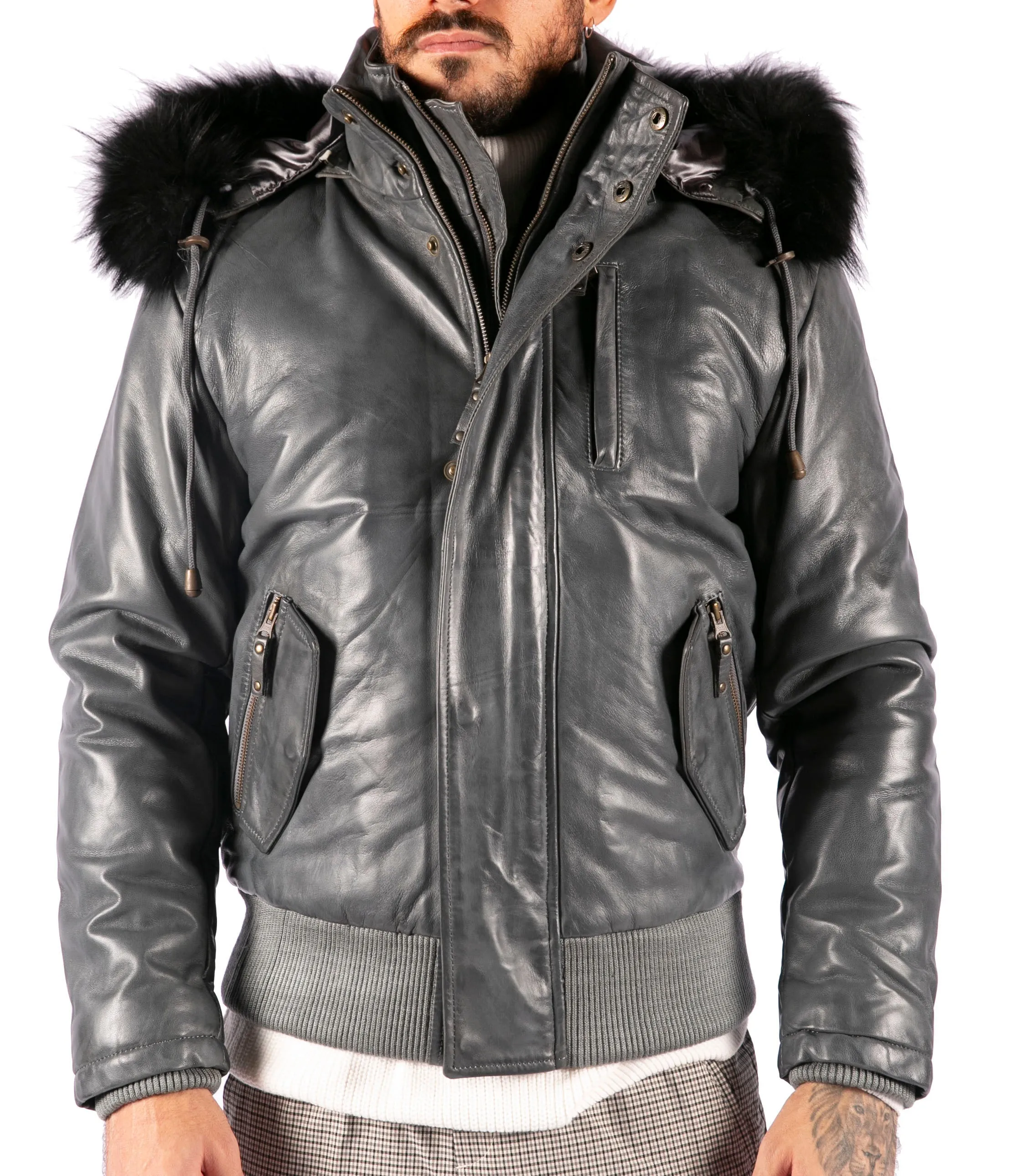 Hooded Bomber Puffer Leather Jacket