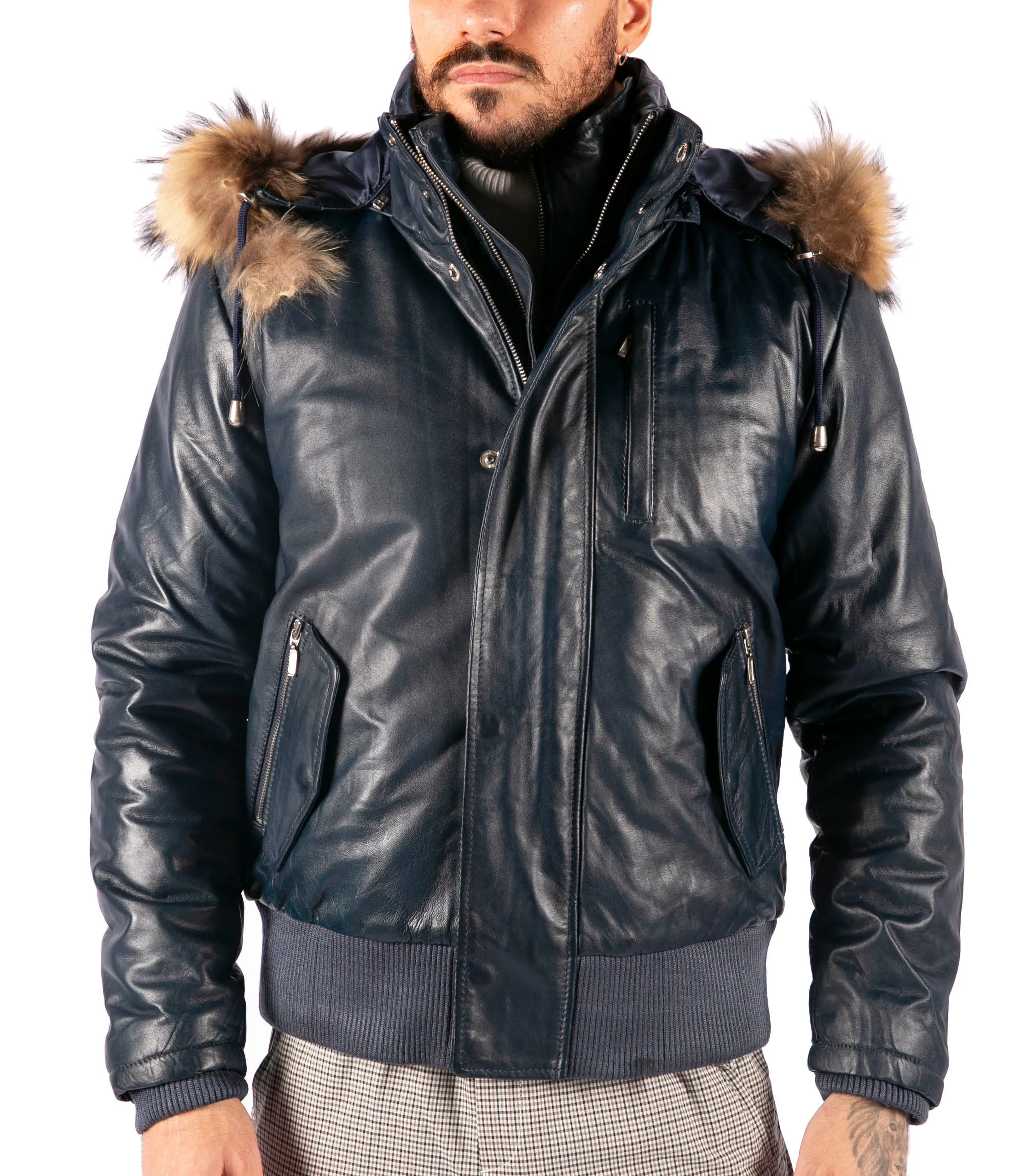 Hooded Bomber Puffer Leather Jacket
