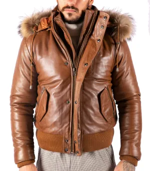 Hooded Bomber Puffer Leather Jacket