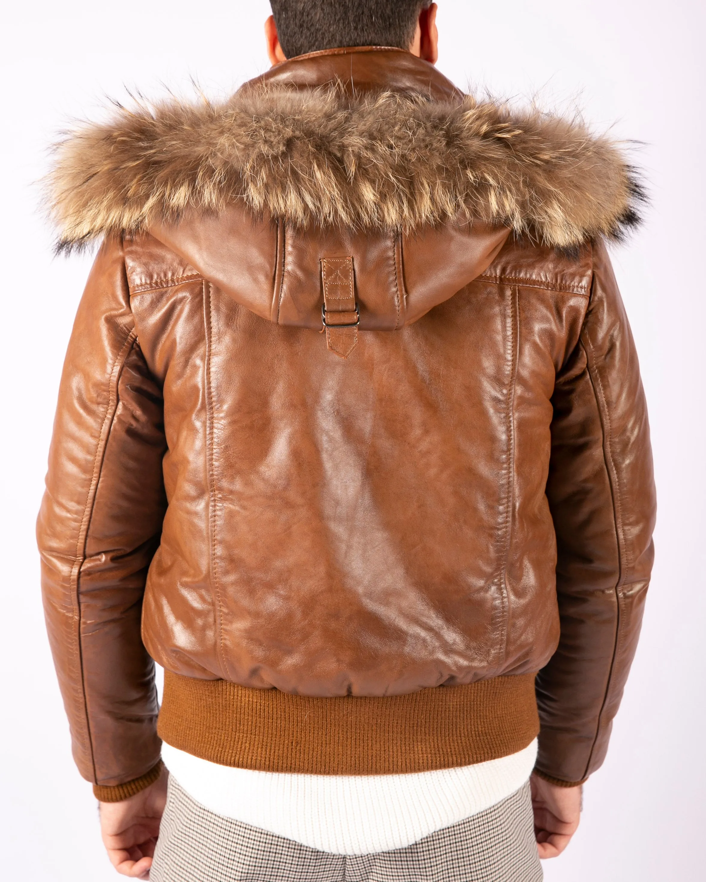 Hooded Bomber Puffer Leather Jacket