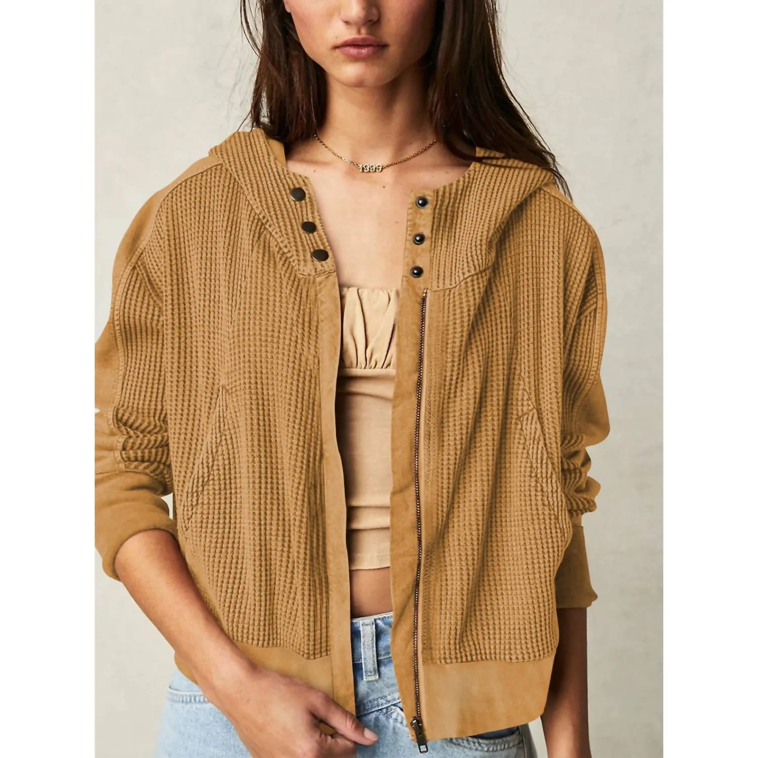 Hooded Long-Sleeved Cardigan In Brown