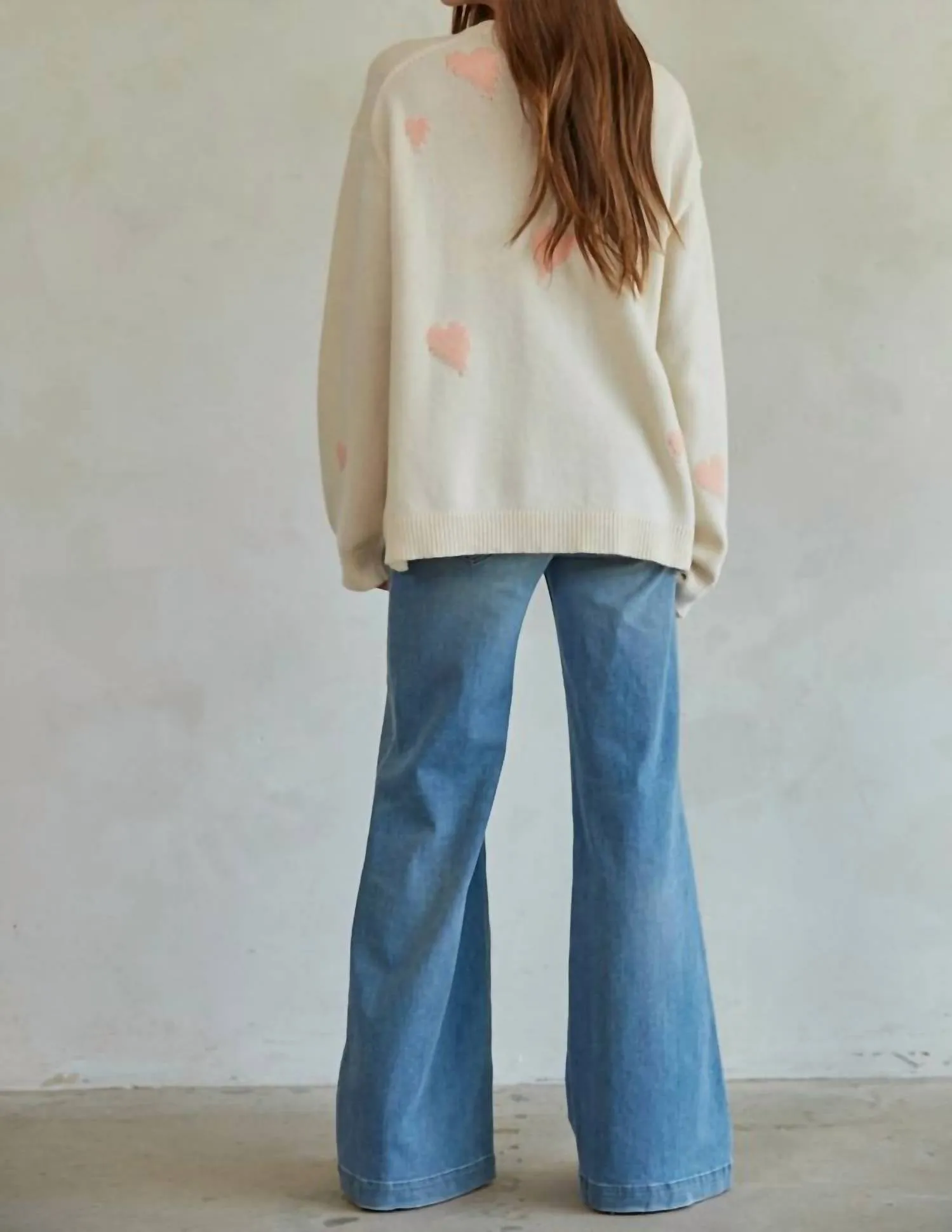 Knit Sweater Heart Print Crew Neck Pullover Top In Natural Pink