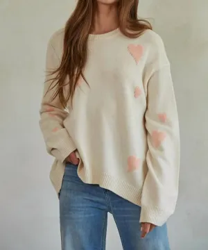 Knit Sweater Heart Print Crew Neck Pullover Top In Natural Pink