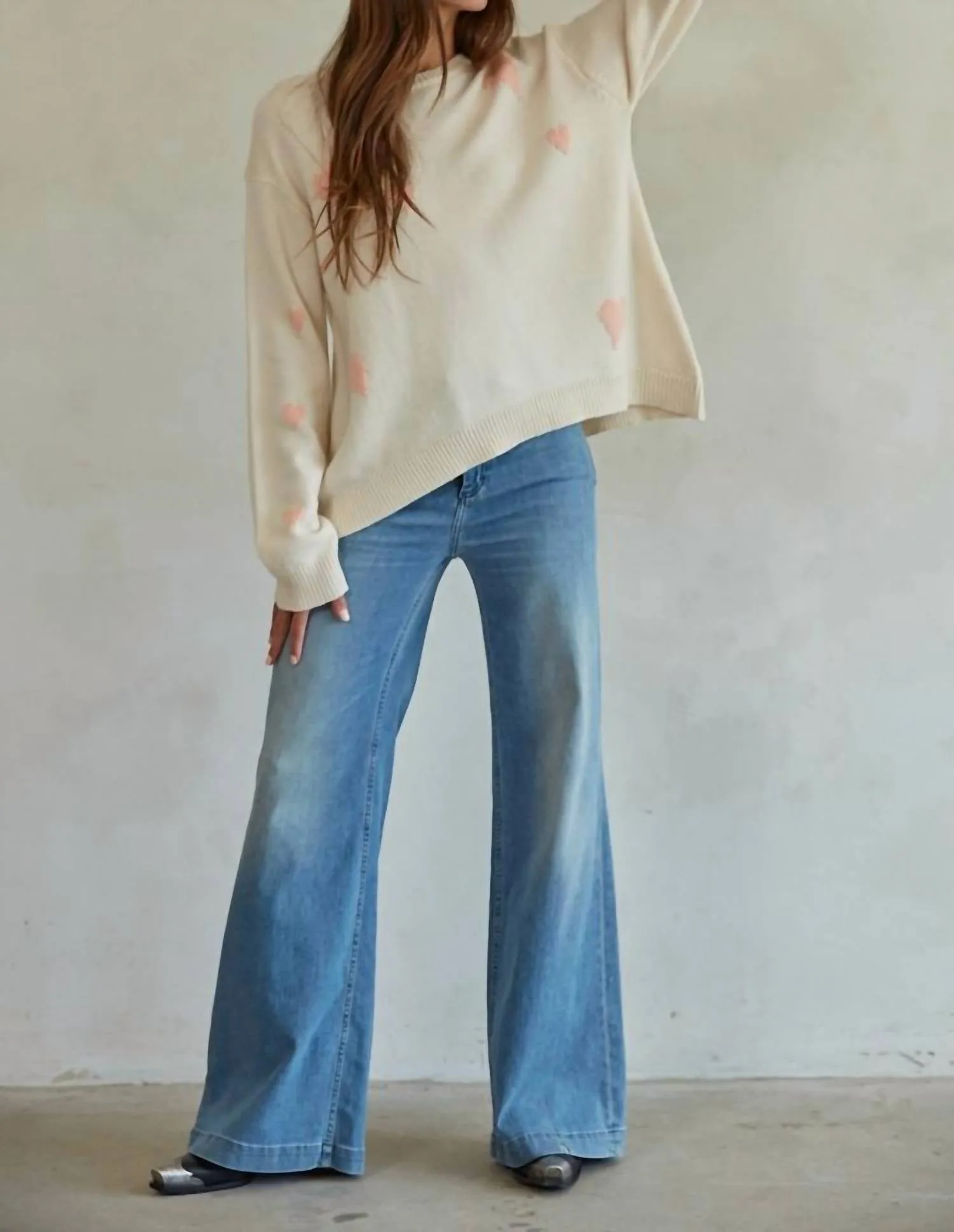 Knit Sweater Heart Print Crew Neck Pullover Top In Natural Pink