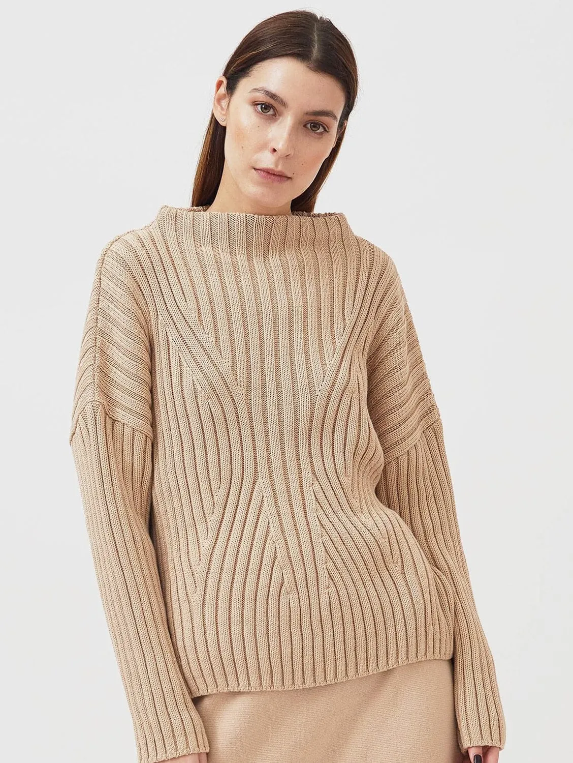 Knitted Organic Cotton High Boat Neck Jumper | Sand