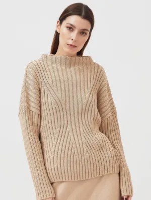 Knitted Organic Cotton High Boat Neck Jumper | Sand