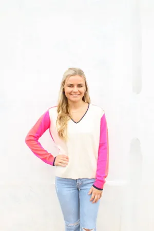 Knitwear V-Neck Sweater In Ecru/pink/orange