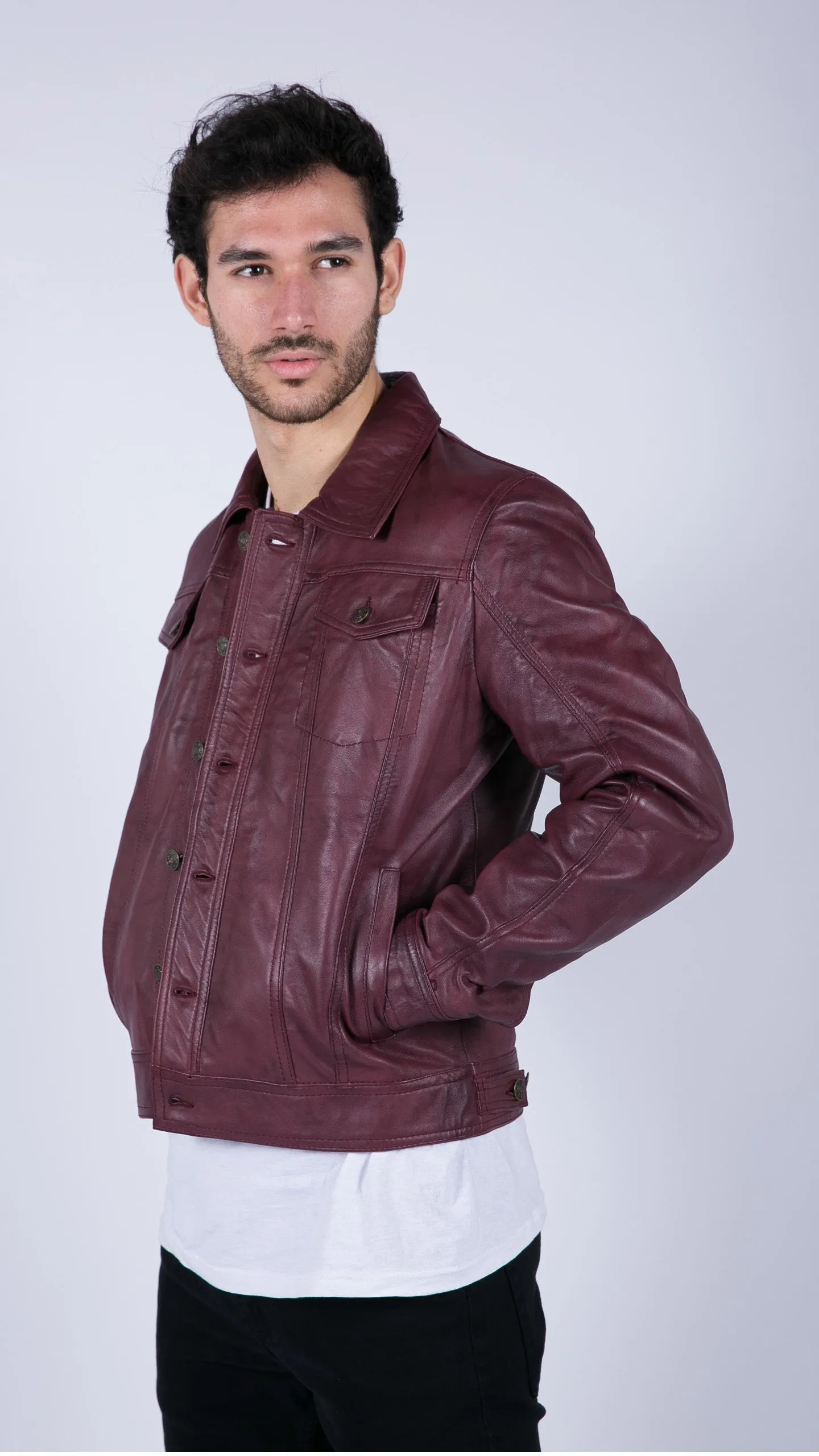 Leather Jacket Burgundy Wine Jeans
