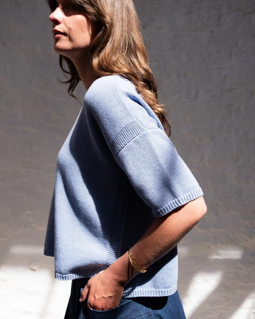 Lisa Women's Cotton Boxy Knitted Top | Blue Melange