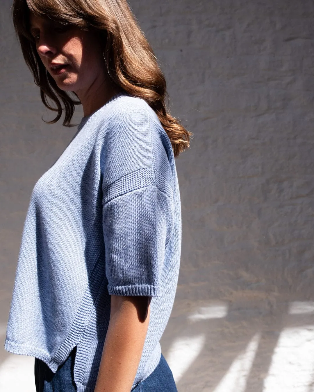 Lisa Women's Cotton Boxy Knitted Top | Blue Melange