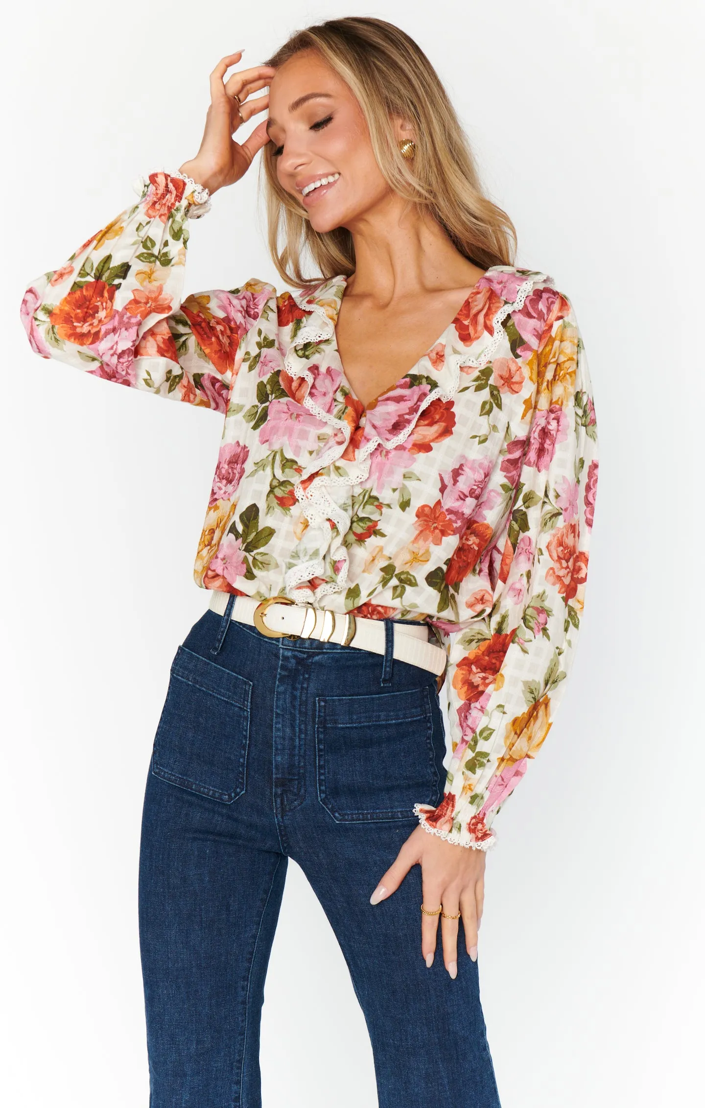 Lydia Ruffle Top ~ Ivory Hillside Floral
