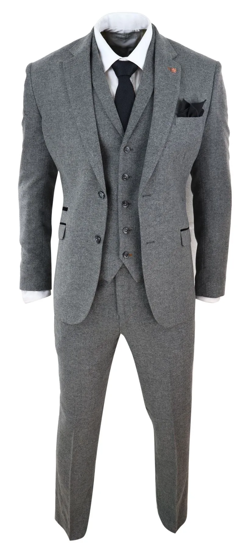 Martez 3 Piece Wool Suit Herringbone Tweed Grey