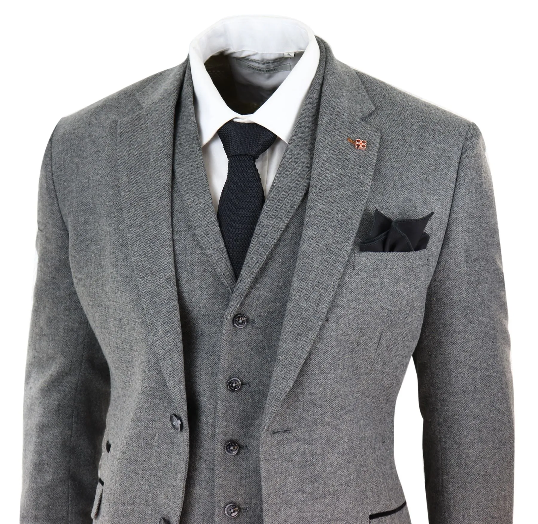 Martez 3 Piece Wool Suit Herringbone Tweed Grey