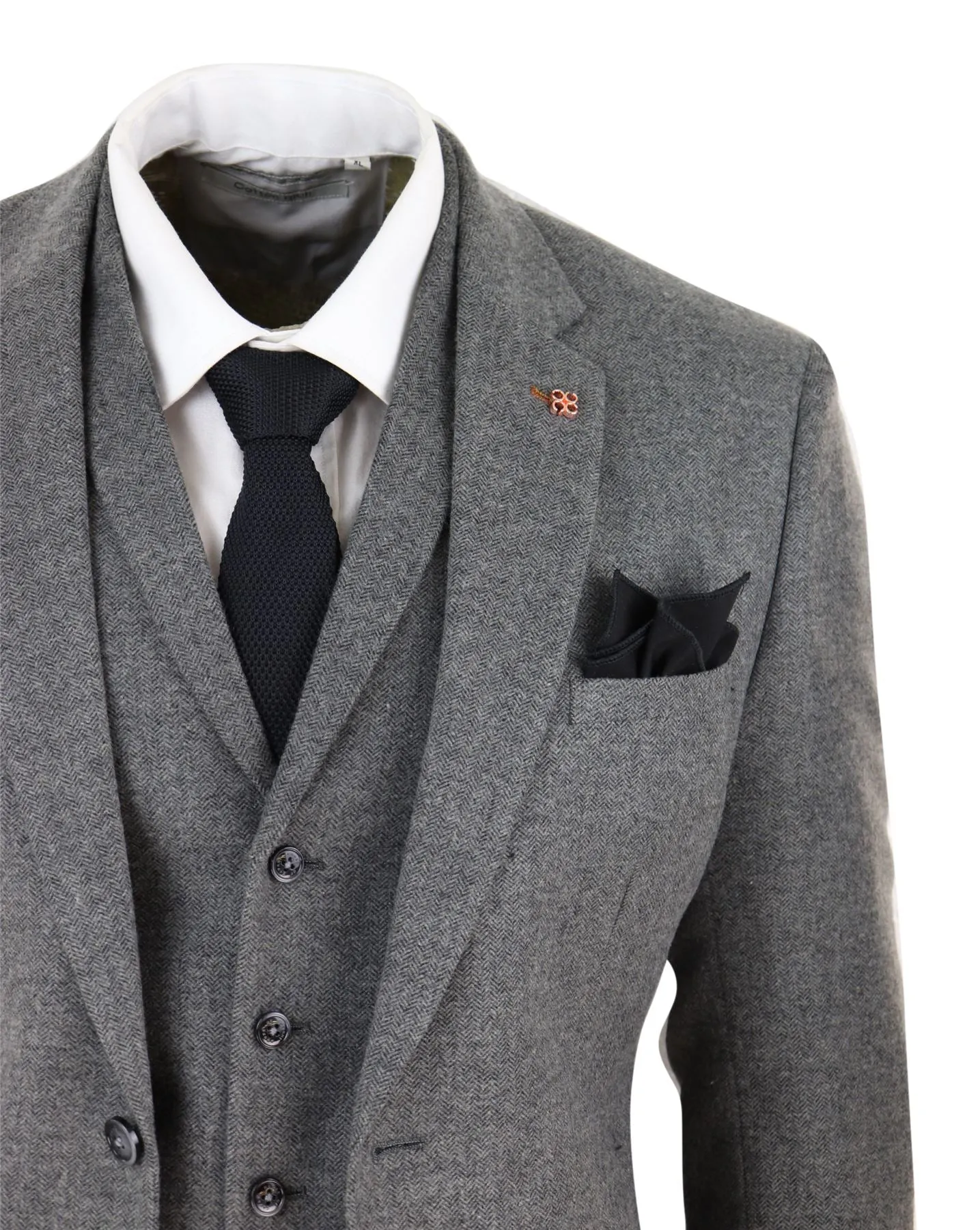 Martez 3 Piece Wool Suit Herringbone Tweed Grey