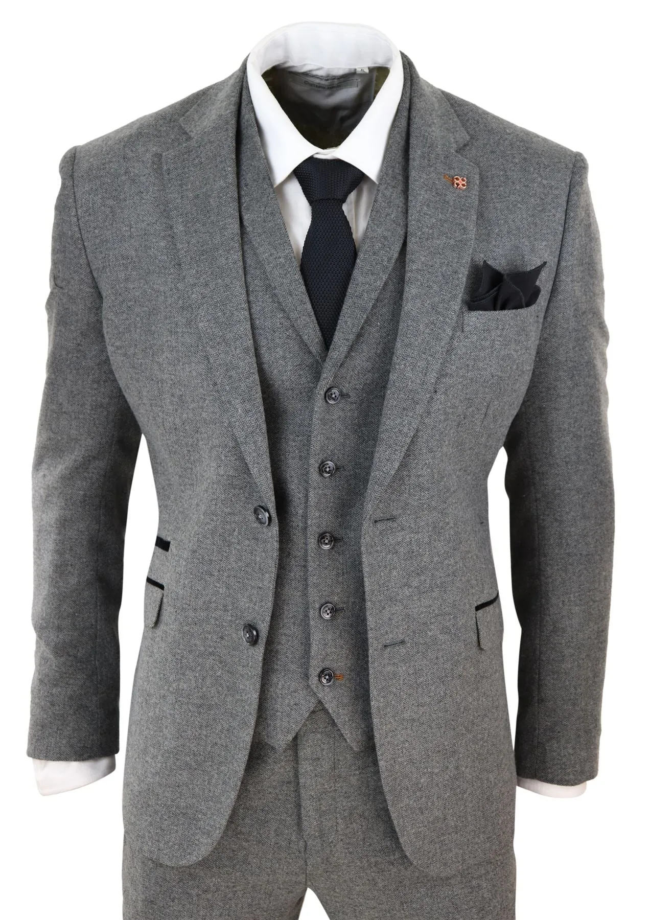 Martez 3 Piece Wool Suit Herringbone Tweed Grey