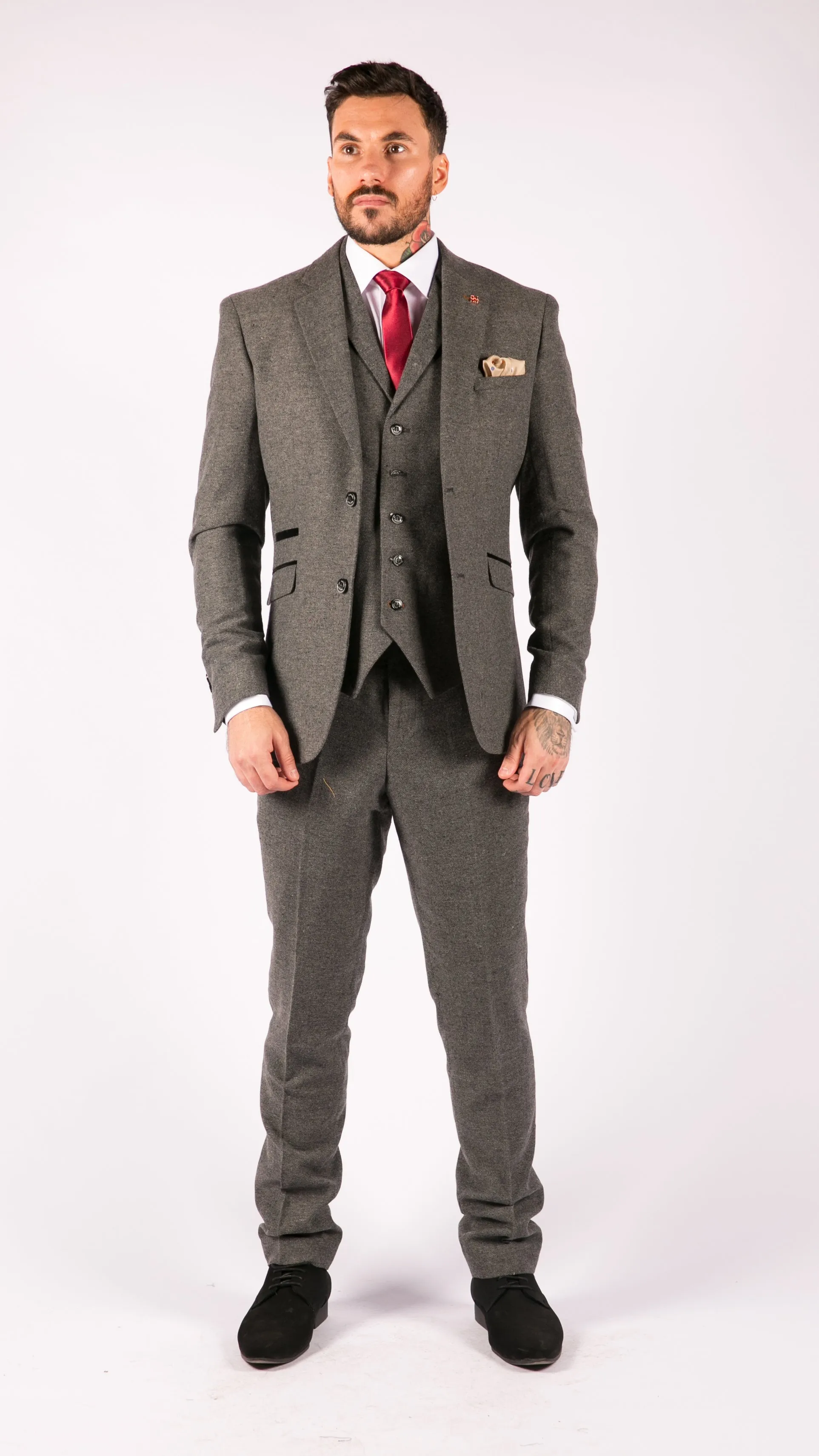 Martez 3 Piece Wool Suit Herringbone Tweed Grey