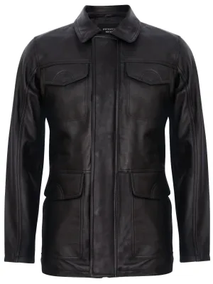 Mens Black Leather Safari Jacket-Porto