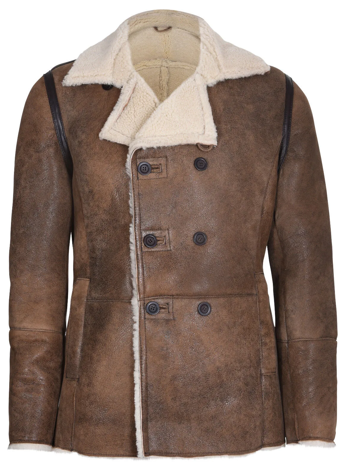 Mens Double Breasted Shearling Sheepskin Pea Coat-Valencia