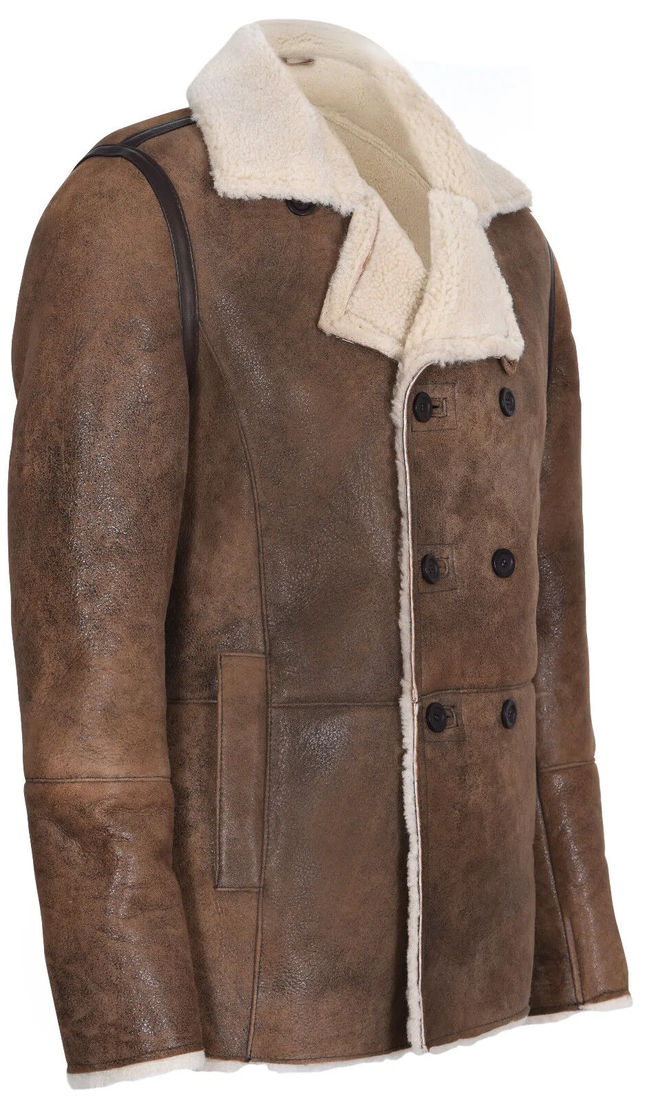 Mens Double Breasted Shearling Sheepskin Pea Coat-Valencia