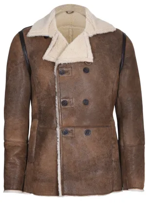 Mens Double Breasted Shearling Sheepskin Pea Coat-Valencia