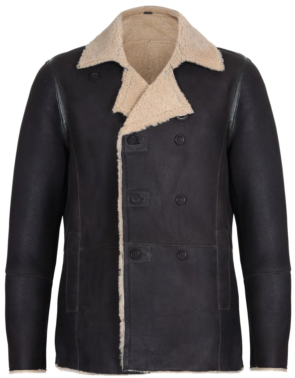 Mens Double Breasted Shearling Sheepskin Pea Coat-Valencia