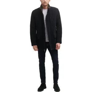 Mens Faux Leather Trim Wool Overcoat