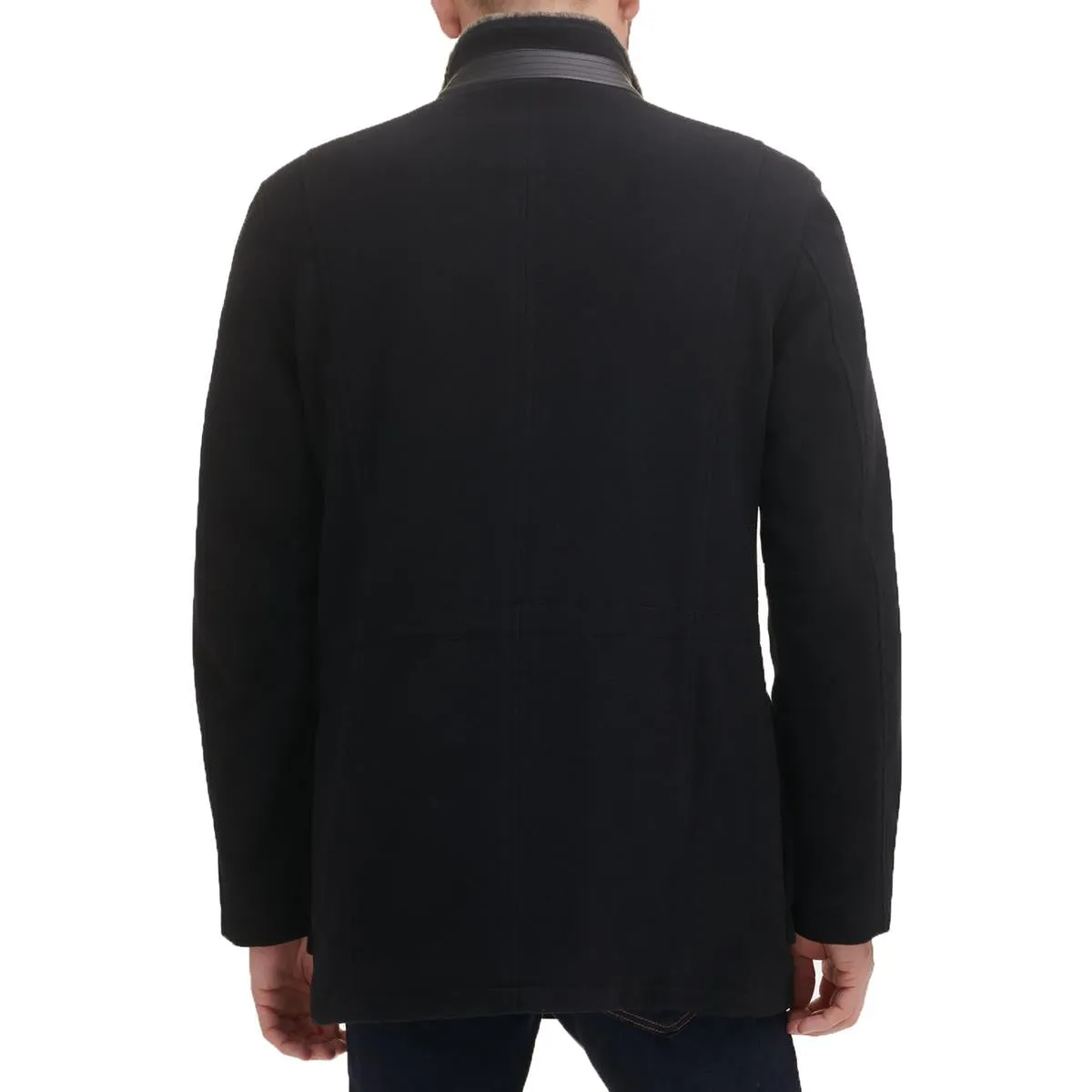 Mens Faux Leather Trim Wool Overcoat