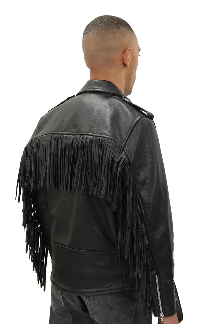 Mens Fringe Hide Leather Biker Jacket- Tokyo