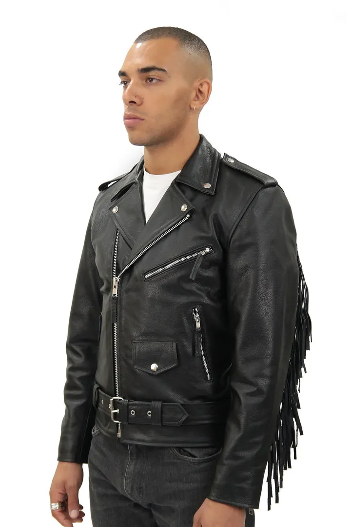 Mens Fringe Hide Leather Biker Jacket- Tokyo