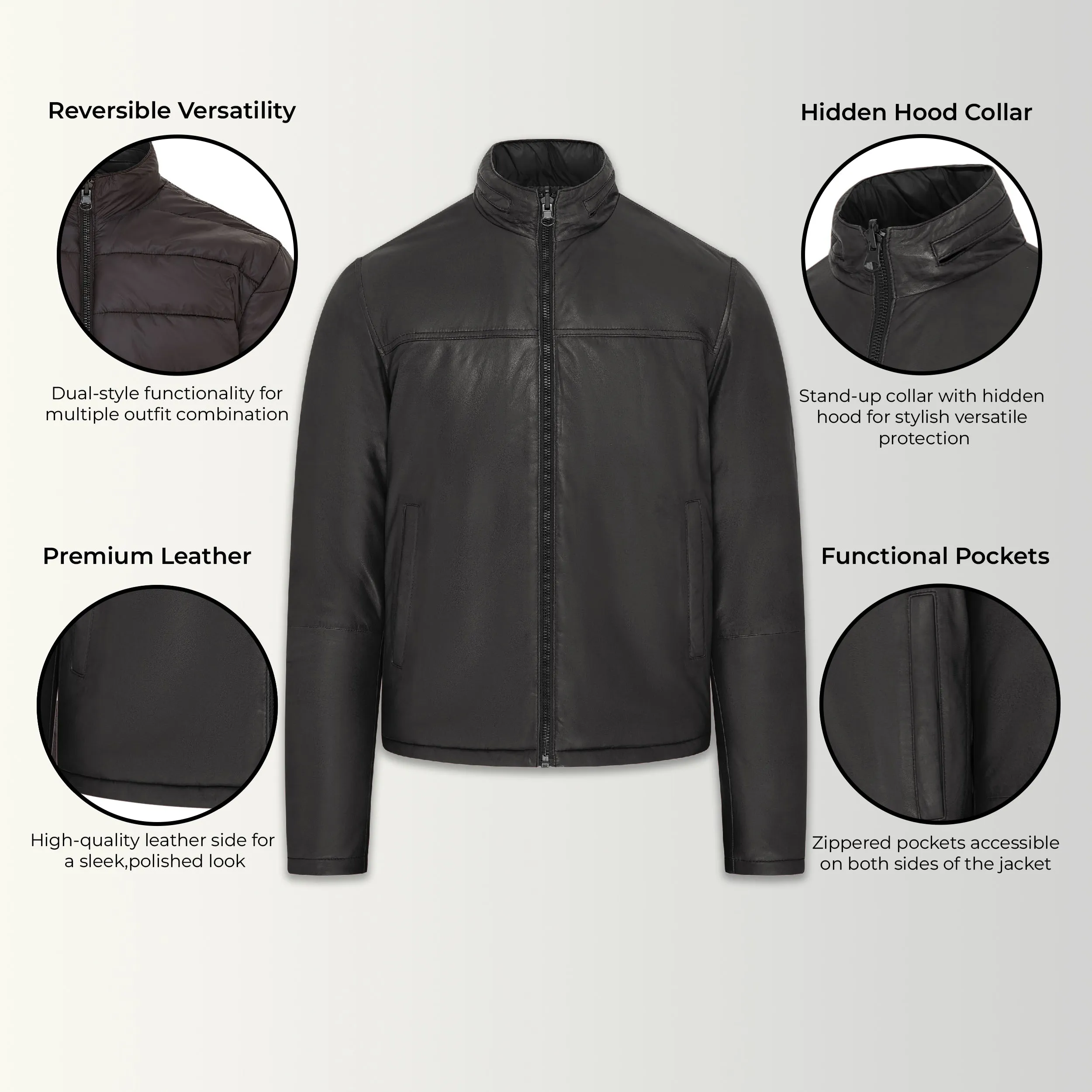 Mens Hooded Reversible Bomber Leather Jacket - Raufoss